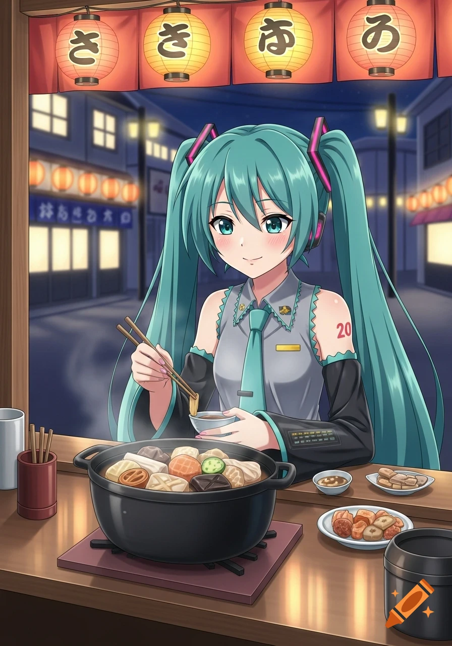 Hatsune Miku, an anime girl with long turquoise pigtails, smiles while eating oden with chopsticks at a Japanese food stall at night.
