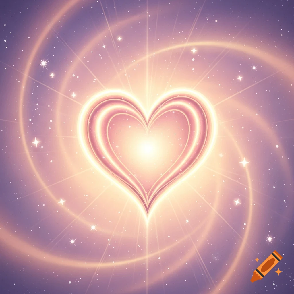 A radiant, glowing pink and gold heart against a swirling purple and gold starry background.