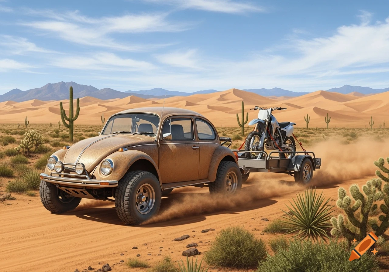 A tan VW Baja Bug drives through a sandy desert, towing a trailer with a white dirt bike under a blue sky.