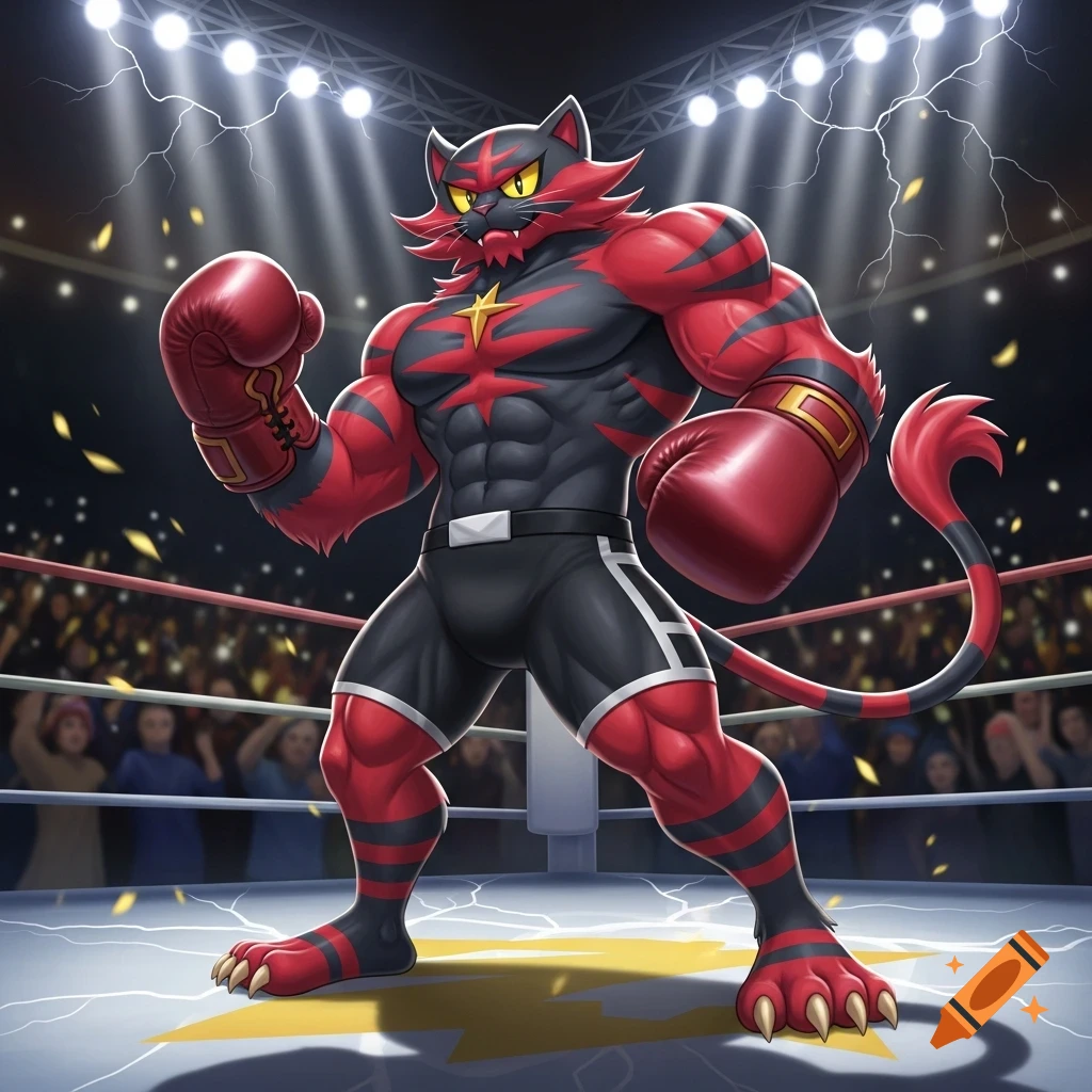 A muscular, red and black Incineroar Pokémon wearing boxing gloves and shorts, stands ready in a brightly lit boxing ring.