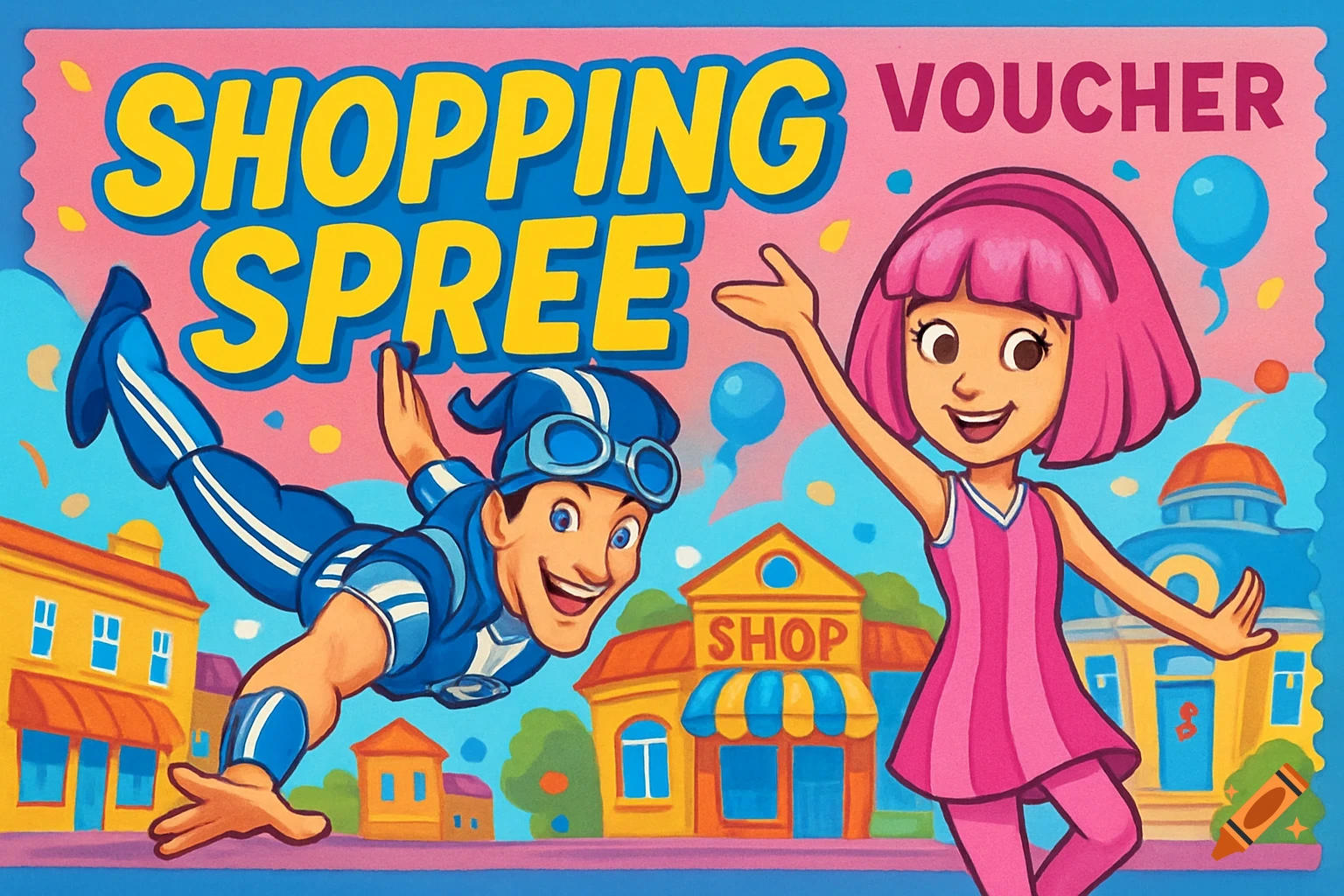 Colorful cartoon voucher with Sportacus flying and Stephanie smiling, text reads 'SHOPPING SPREE VOUCHER' over shops.
