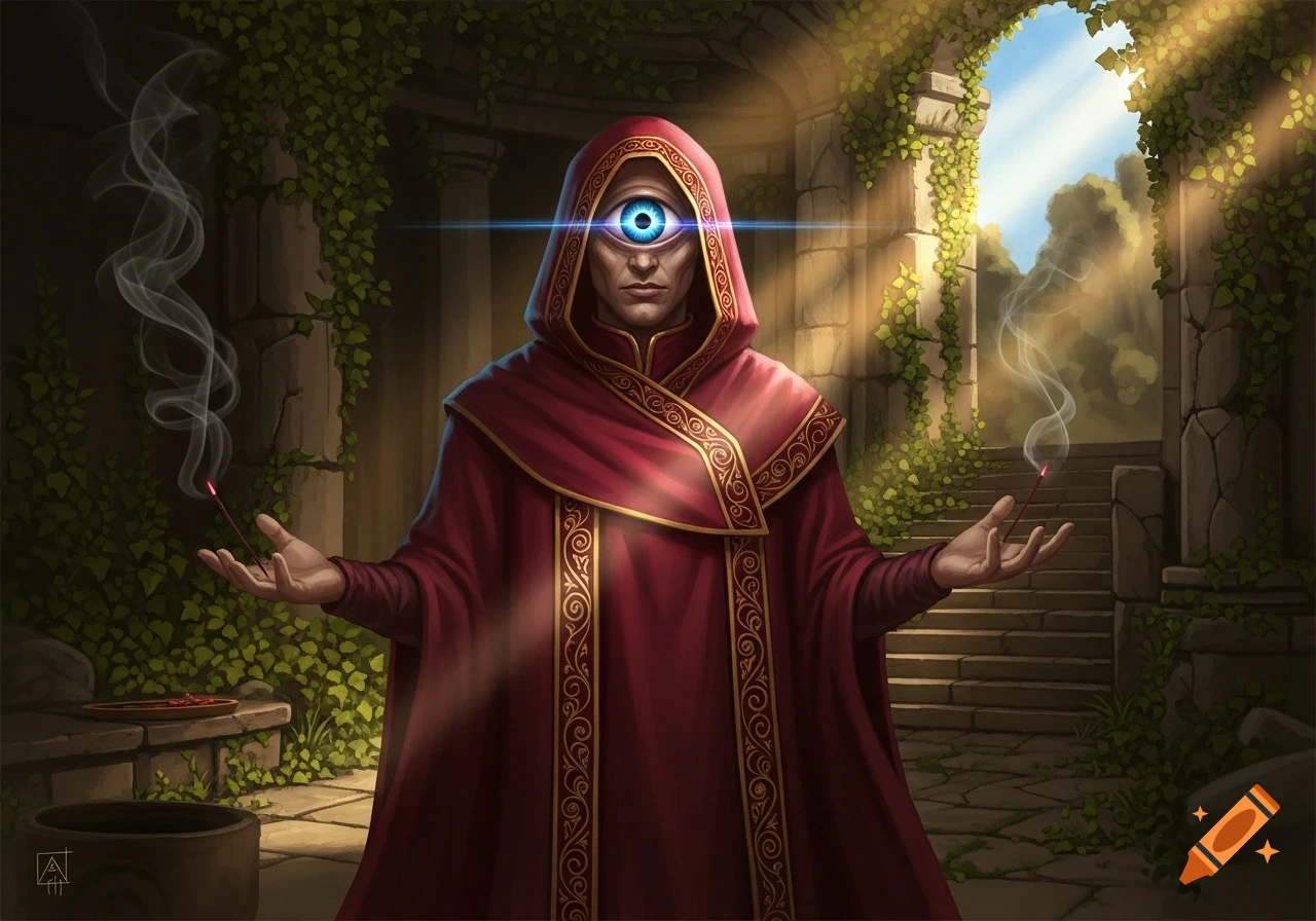 A man in a red hooded robe with a single blue eye on his forehead holds smoking incense sticks in overgrown ancient ruins.