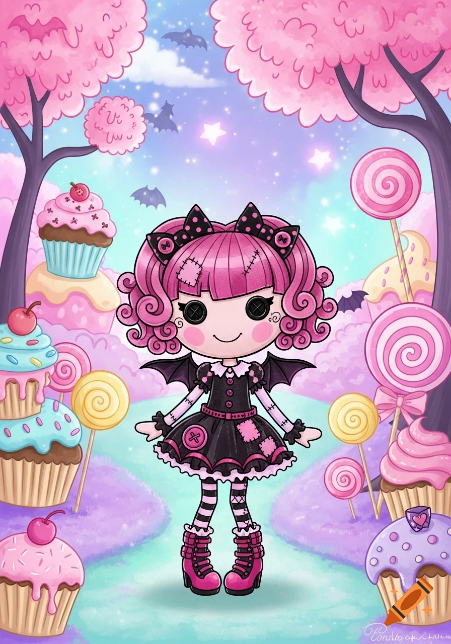 A pink-haired doll in a black gothic dress with bat wings stands in a pastel fantasy land with pink trees, cupcakes, and lollipops.