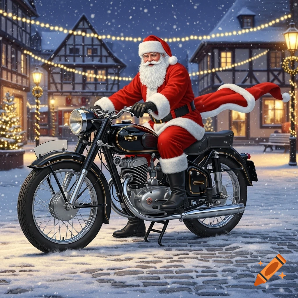 Santa Claus in a red suit and hat rides a black vintage Horex motorcycle through a snowy village street with festive lights at night.