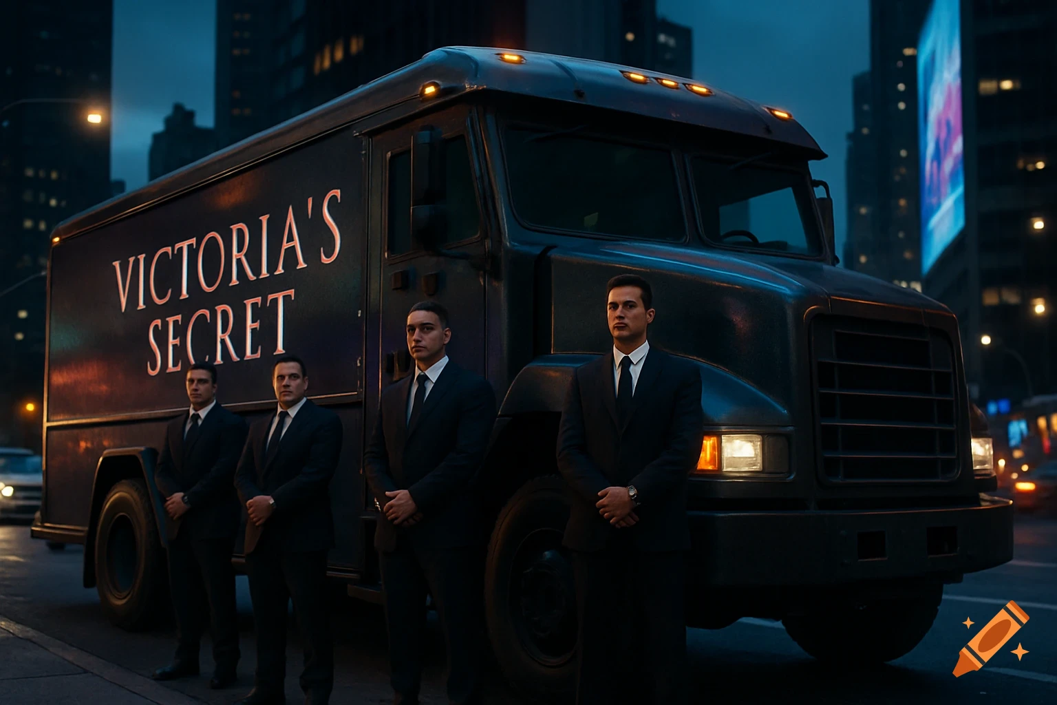 Four security guards in suits stand next to an armored truck with 'Victoria's Secret' logo on a city street at night.