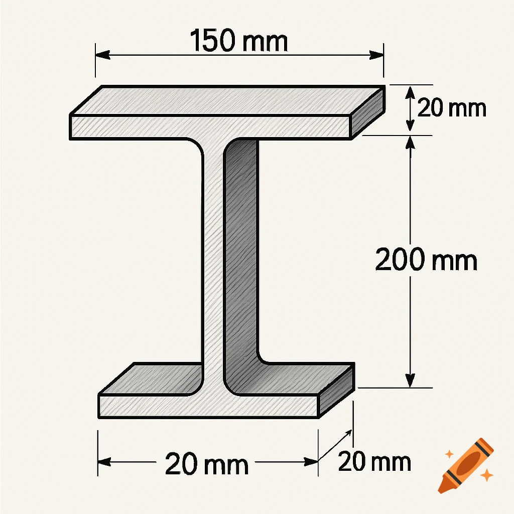 A technical diagram of a T-shaped beam with dimensions labeled: 150 mm width, 20 mm flange thickness, 200 mm total height, and 20 mm web thickness.