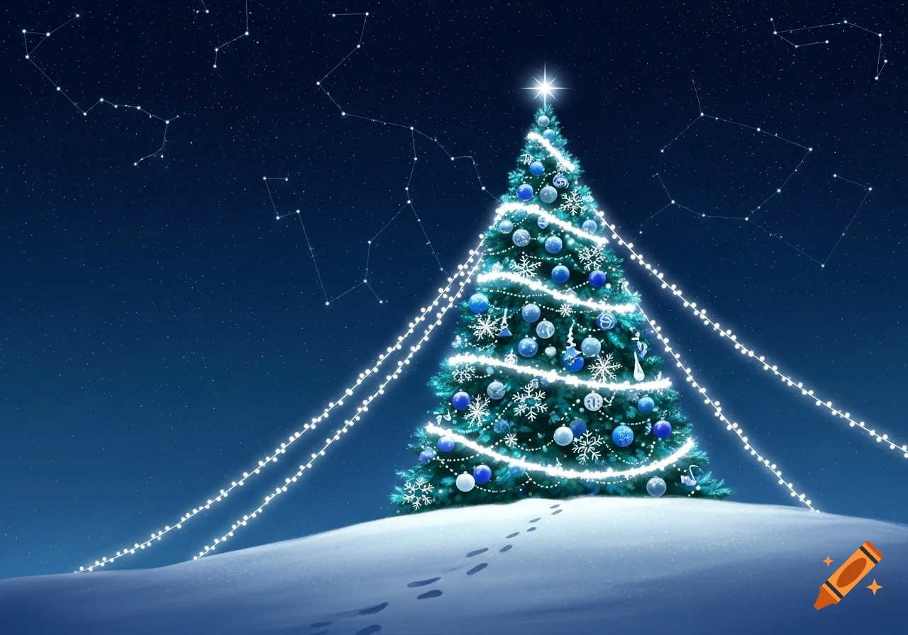 A blue and white decorated Christmas tree on a snowy hill under a starry night sky with constellations.