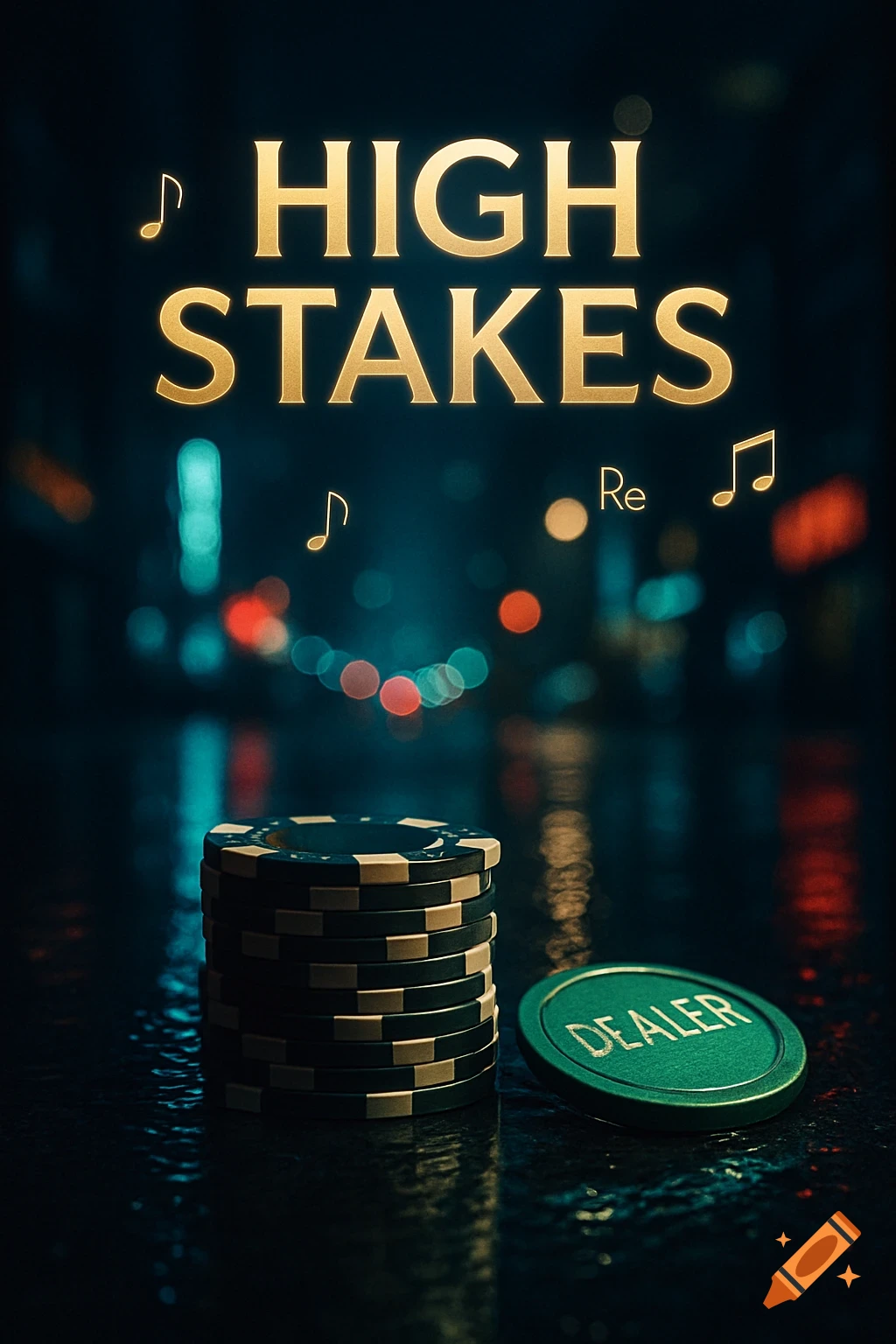 A stack of poker chips and a green 'DEALER' token on a wet surface with a blurred cityscape background. Golden text 'HIGH STAKES' and musical notes float above.