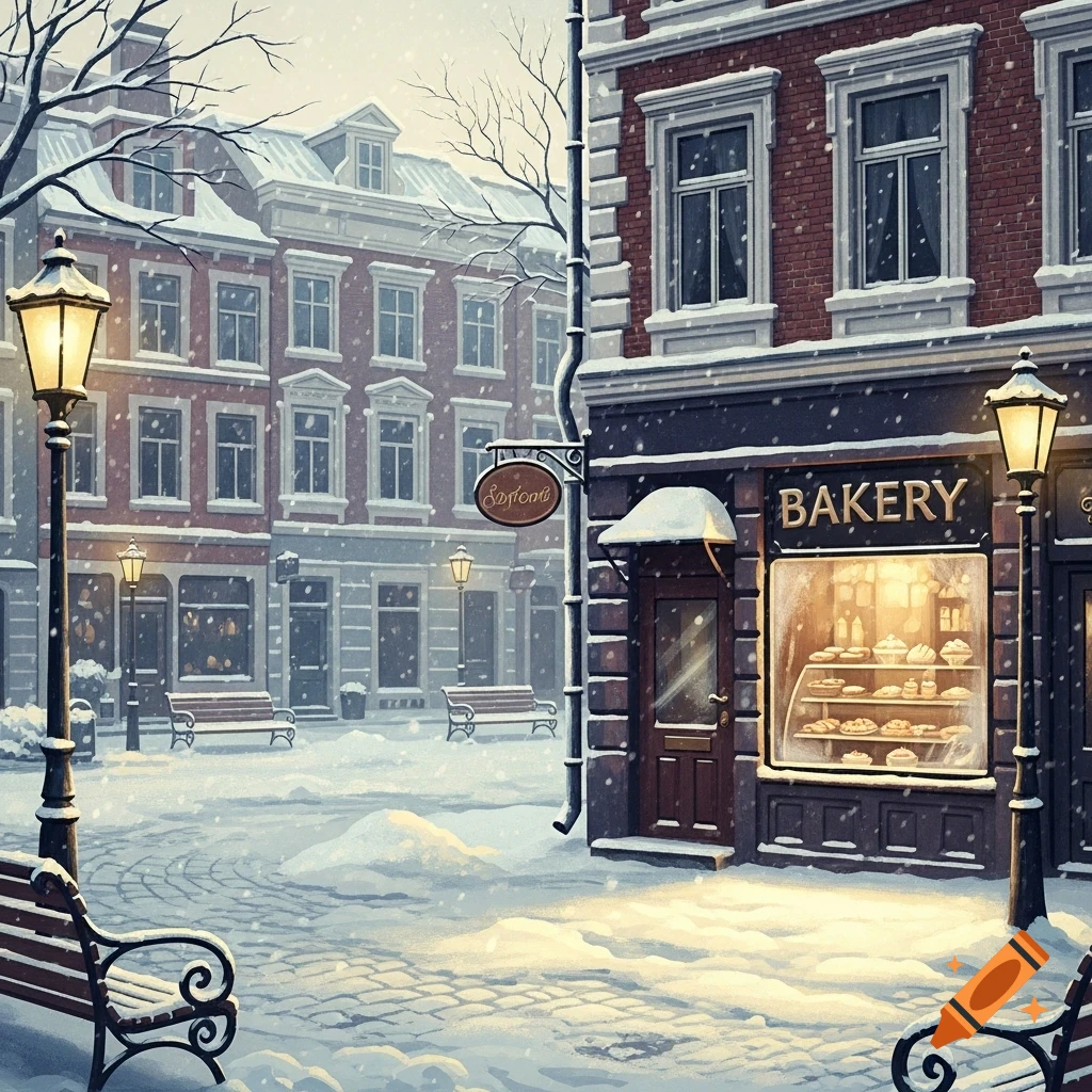 A charming, snow-covered street in an old city, featuring a bakery with a warmly lit display window and street lamps under a gently falling snow.