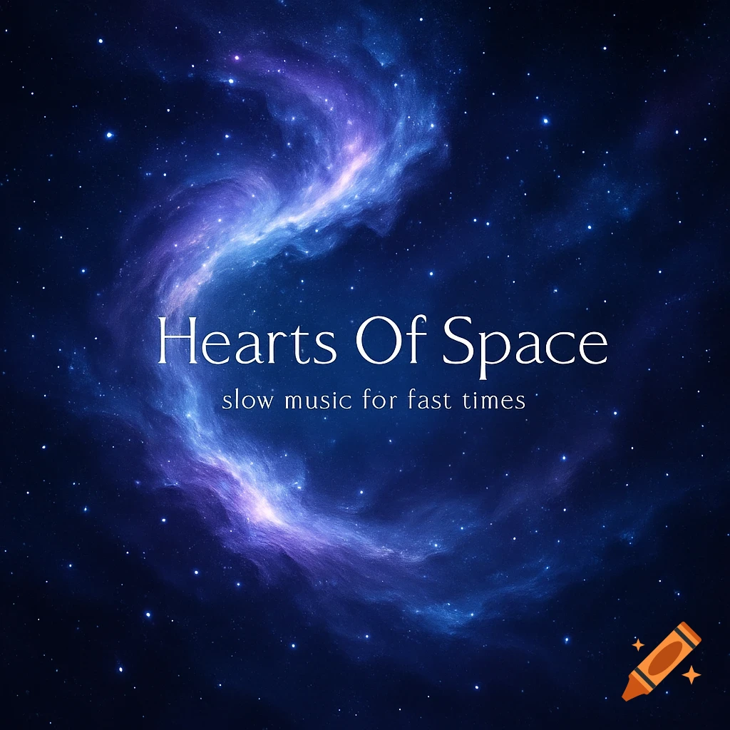A dark blue and purple space nebula filled with stars, featuring the text "Hearts Of Space" and "slow music for fast times".