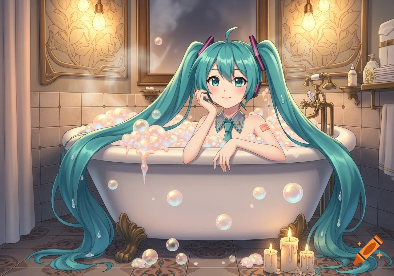 Hatsune Miku in an anime style, smiling from a bubble bath, with her long turquoise pigtails draped over the tub in a warm, candlelit bathroom.
