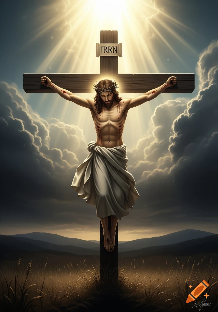 Jesus on a cross, with a crown of thorns and stylized blood, under a bright sunlit sky with dramatic clouds, in a field.