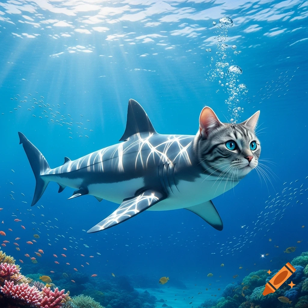 A photorealistic cat with blue eyes on a shark's body swims in clear blue ocean water with coral and small fish below.