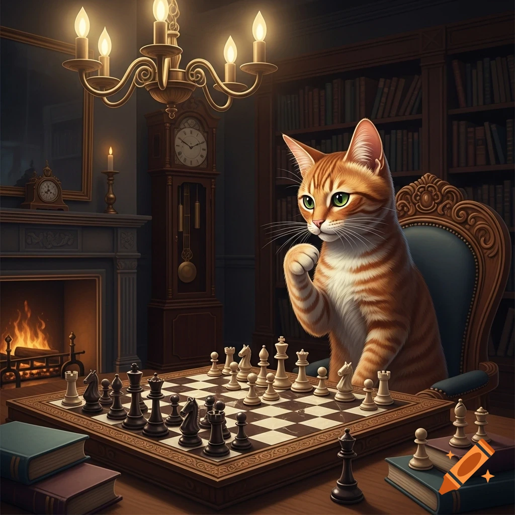 A photorealistic orange tabby cat sits in an elegant study, contemplating a move on a chessboard.