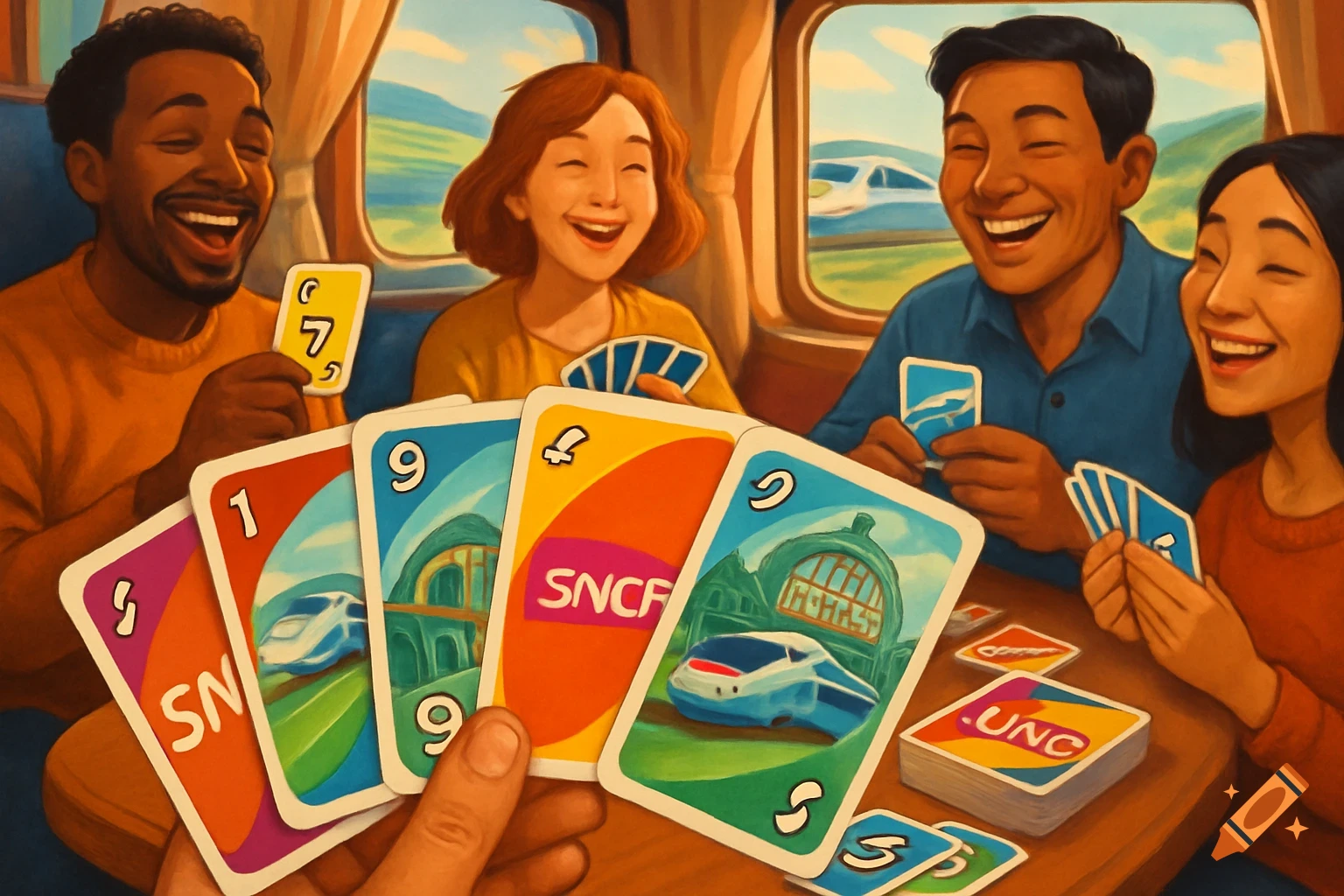 Four diverse friends happily playing a custom SNCF-themed Uno card game on a train, shown in a vibrant illustration style.