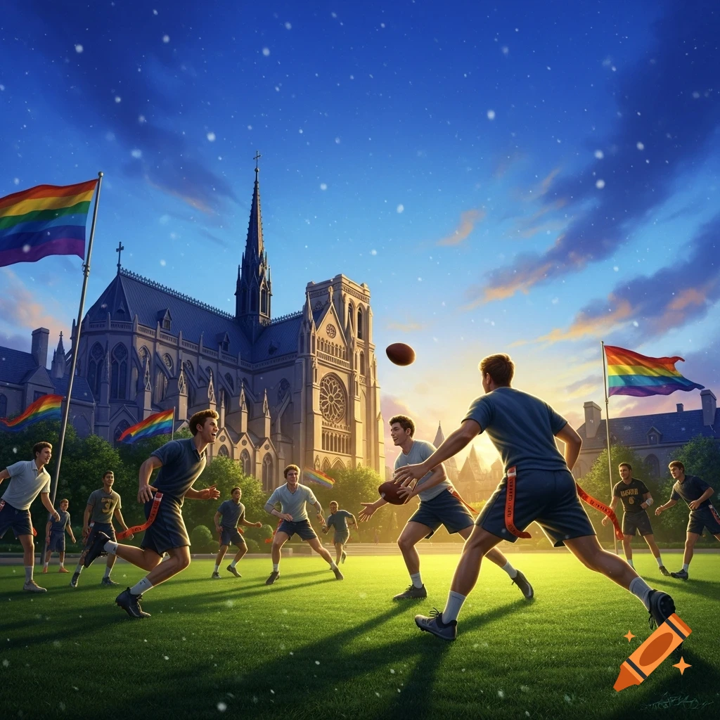 Men play flag football in a park with Notre Dame Cathedral and pride flags in the background under a blue sky.