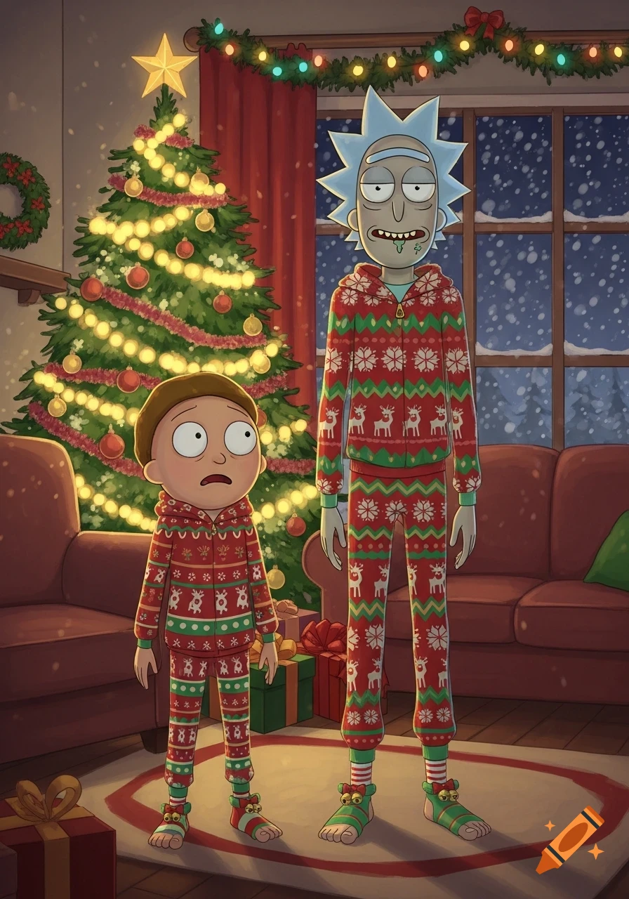 Rick and Morty in Christmas pajamas and toe socks, standing in a decorated living room with a Christmas tree and snow outside.