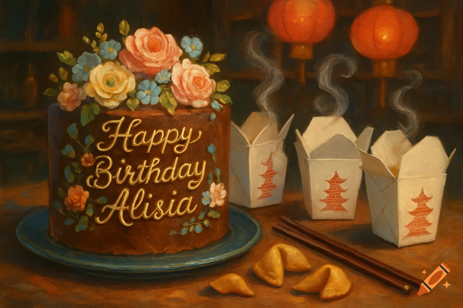A painted birthday cake with 'Happy Birthday Alisia' next to steaming Chinese takeout boxes, fortune cookies, chopsticks, and red lanterns.