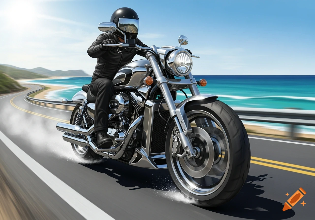 A person in a black leather suit and helmet rides a chrome motorcycle on a winding coastal road with the ocean and mountains.