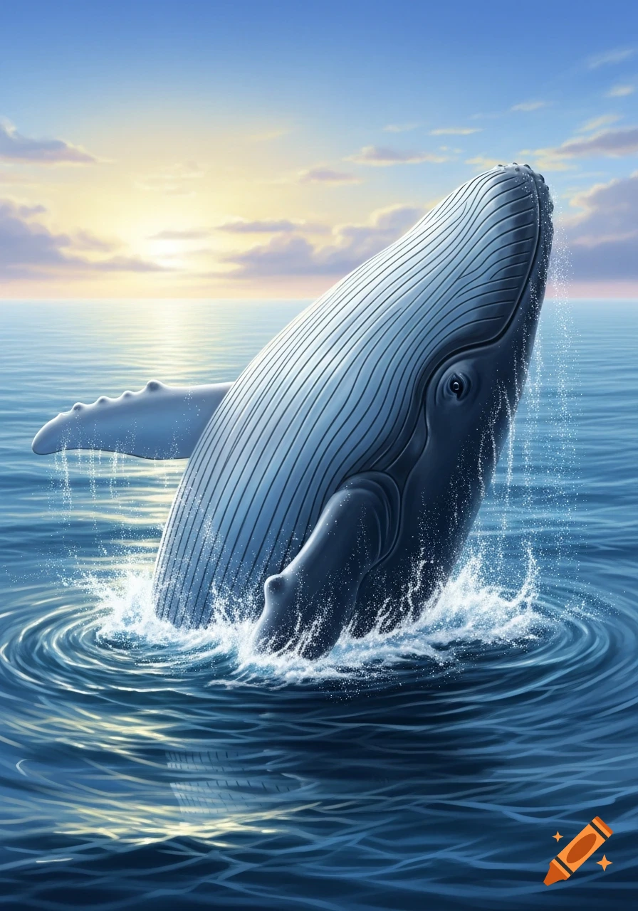 A large blue whale breaches out of a vibrant blue ocean at sunset, creating white splashes.