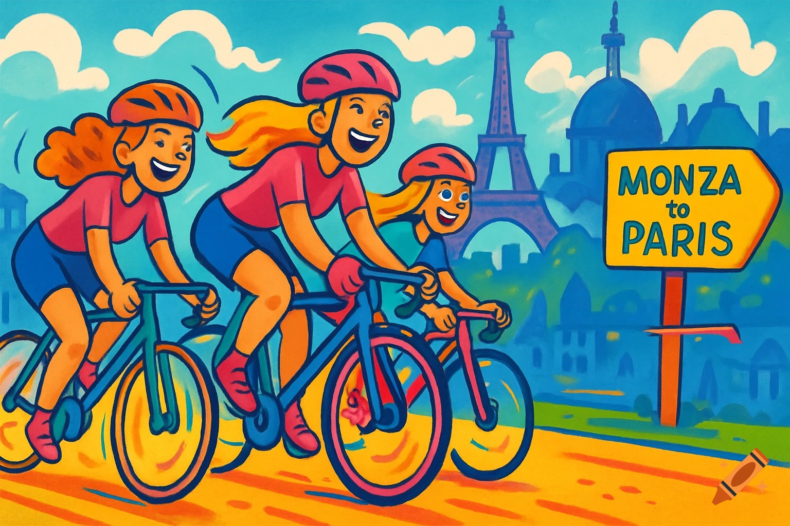 Three smiling cartoon women cycle in a cheerful illustration, with the Eiffel Tower and a 'Monza to Paris' sign.