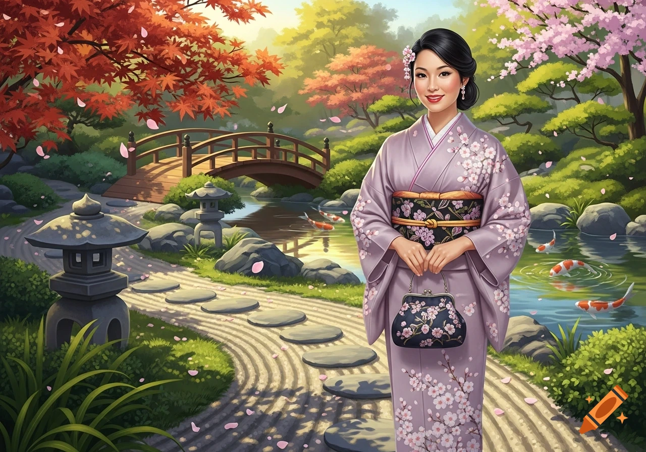 A woman in a purple kimono holds a purse in a vibrant Japanese garden with a pond, bridge, and cherry blossoms. Stylized art.