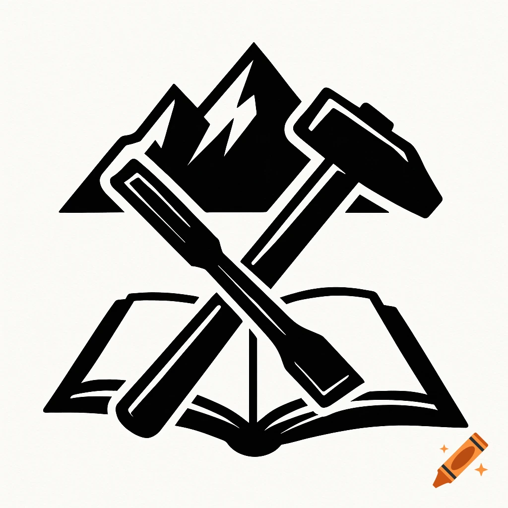 Black and white logo featuring stylized mountains, a crossed hammer and chisel, and an open book.