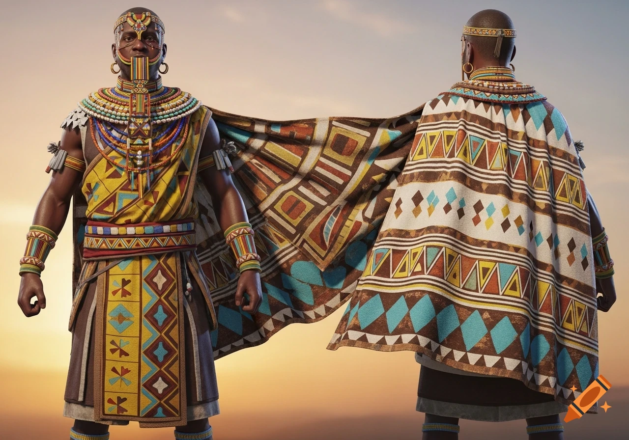 Man in ornate, colorful traditional African attire with beaded jewelry and patterned cape, shown from front and back views.