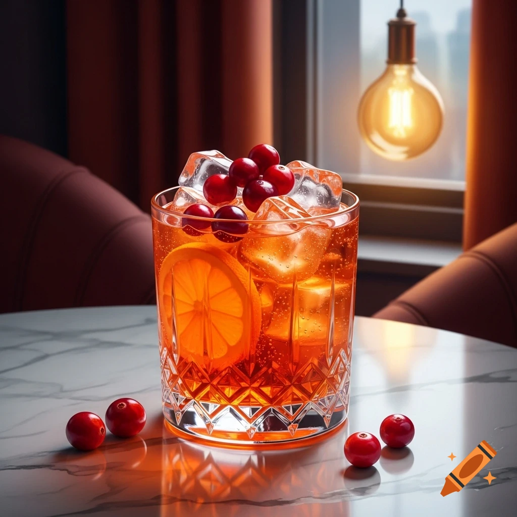 Photorealistic close-up of an orange cocktail with ice, an orange slice, and cranberries on a marble table.