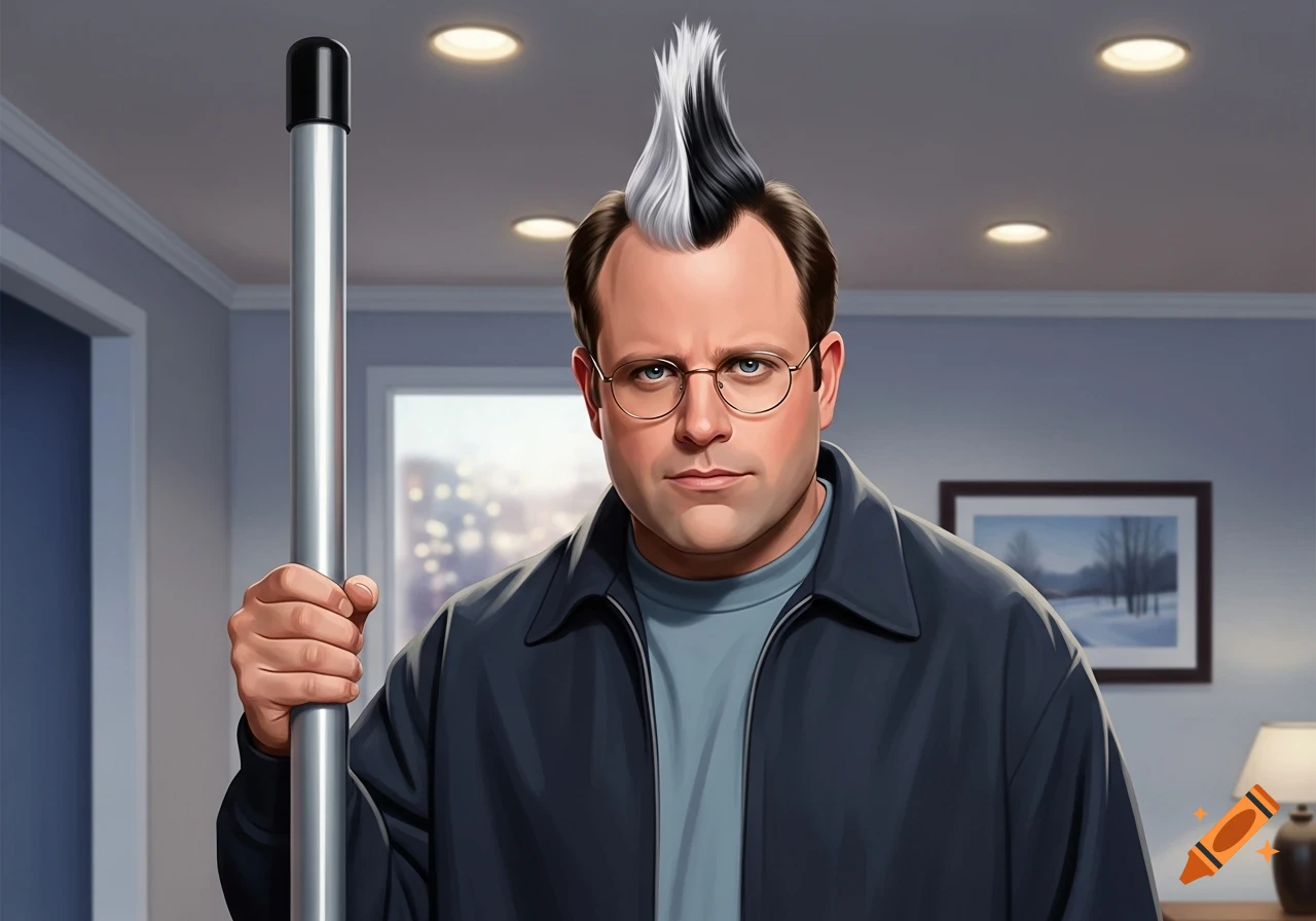 A man resembling Frank Costanza with a black and white mohawk, wearing a dark jacket and glasses, holds a silver pole in an indoor setting.