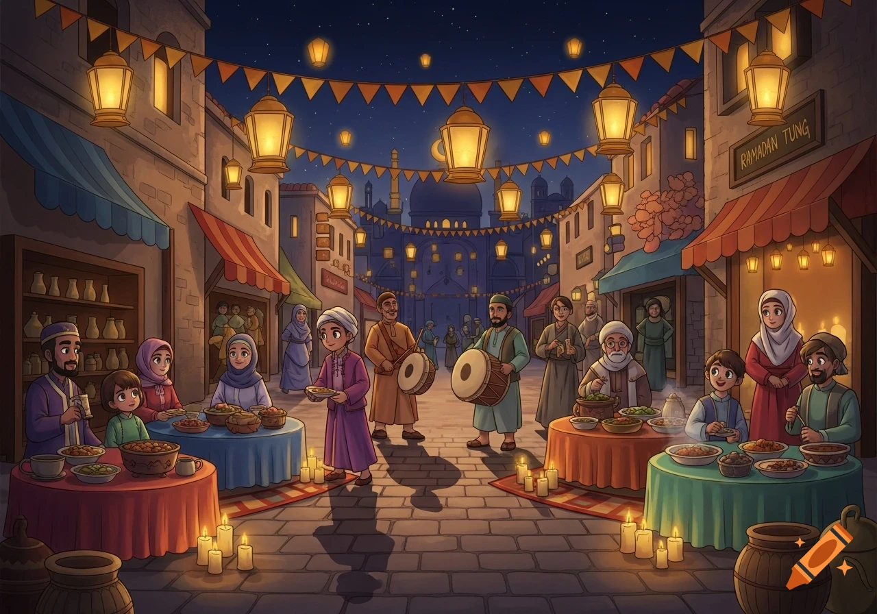 Cartoon illustration of people celebrating Ramadan in a festive street decorated with lanterns, eating and playing drums.