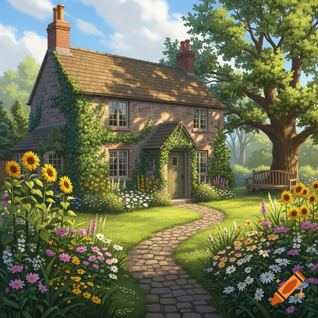 A picturesque stone cottage covered in ivy, with a thatched roof, surrounded by a vibrant garden of sunflowers and colorful flowers. A stone path leads to the door.