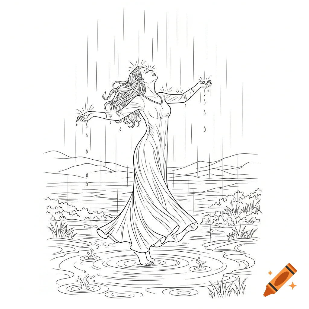 A line drawing of a woman with long hair and a flowing dress dancing barefoot in the rain with arms outstretched, surrounded by water and hills.