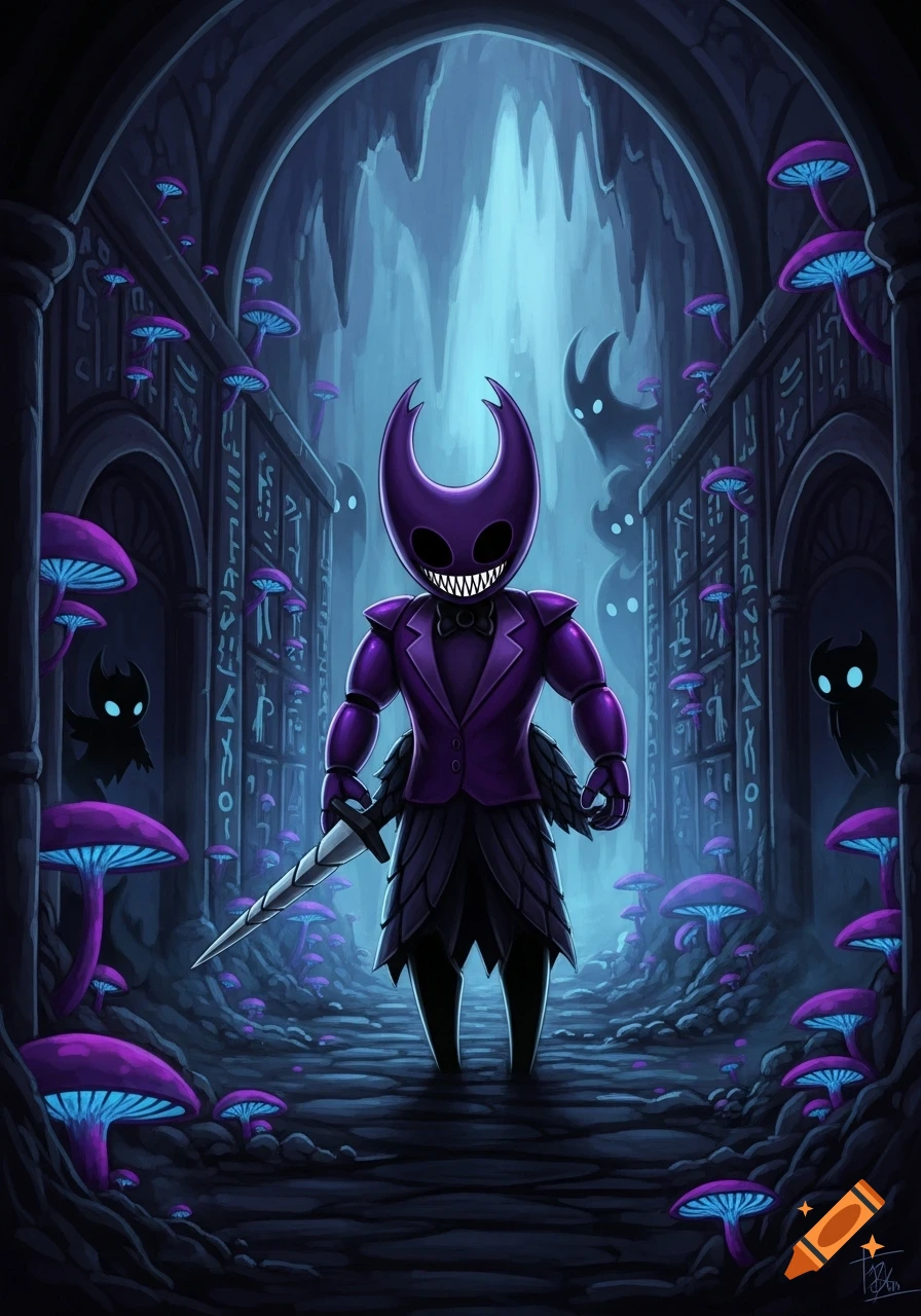 A purple, horned character in a suit with sharp teeth and a sword stands in a dark, glowing mushroom cavern with shadowy figures.