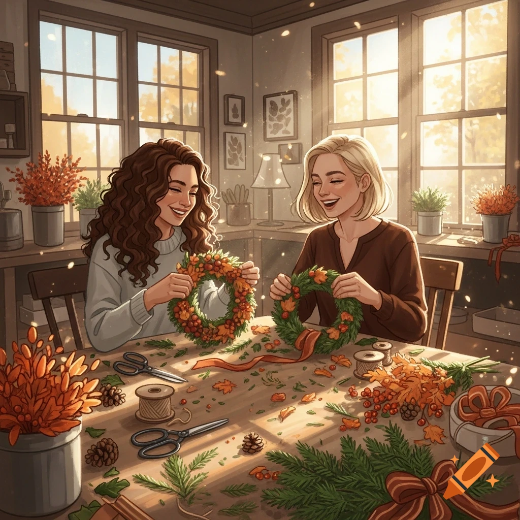 Two smiling women crafting autumn wreaths from leaves and berries at a table in a sunlit room, illustrated.
