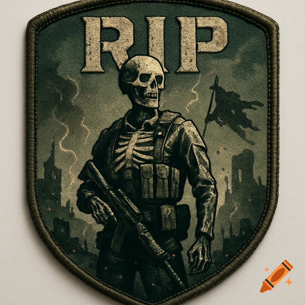 Gritty military patch depicting a skeletal soldier with a rifle, 'RIP' text above, set against a dark, destroyed cityscape.