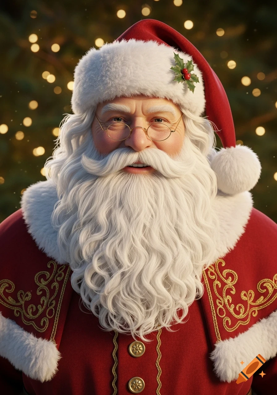 Photorealistic portrait of a warm, friendly Santa Claus with a long white beard, red suit, and glasses, against a background of blurry Christmas lights.