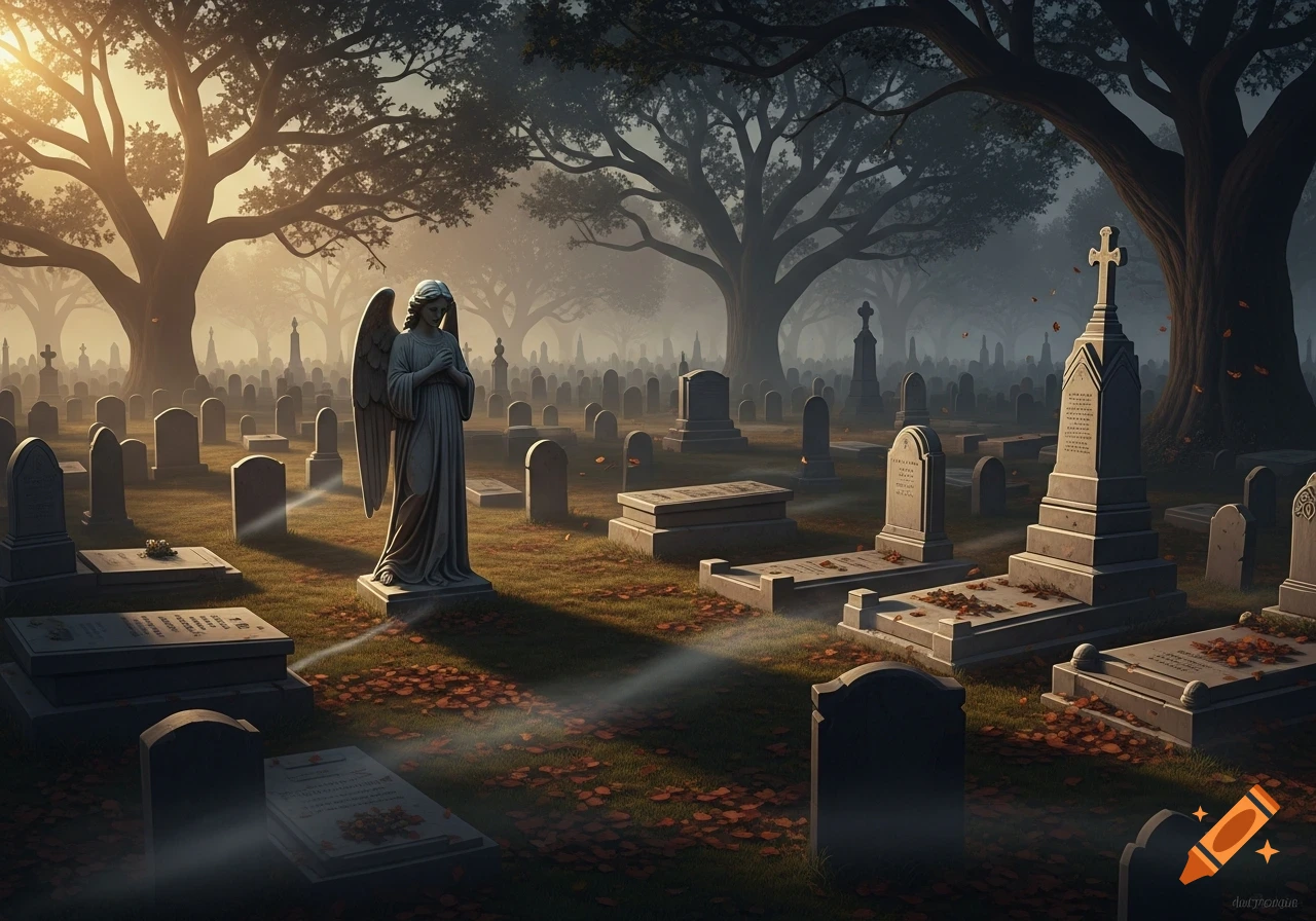 A mystical cemetery scene at dawn with an angel statue, numerous headstones, and large trees shrouded in mist, with rays of light breaking through.