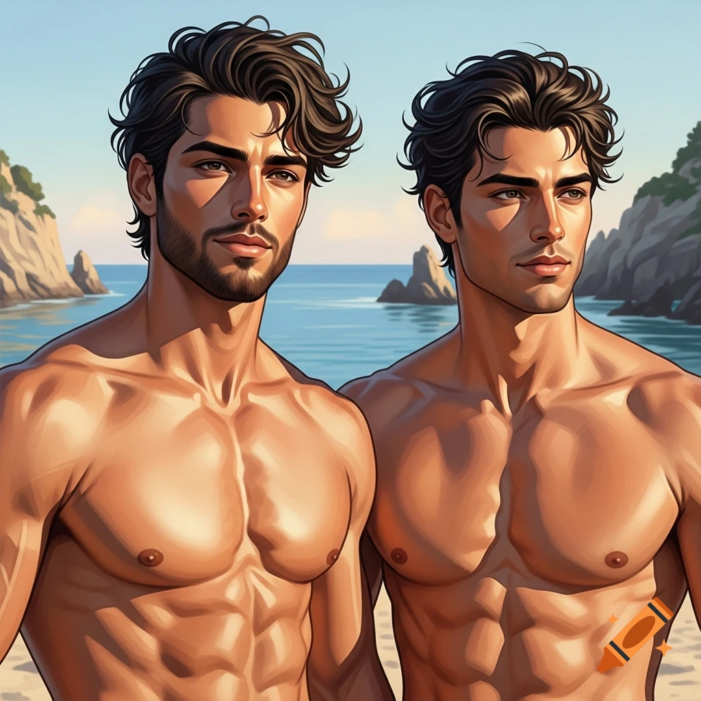 Two muscular men with dark, wavy hair pose on a sunny beach with blue water and rocky cliffs in a stylized digital art style.