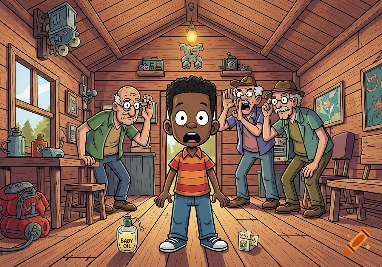 Cartoon of a surprised Black boy in a wooden cabin, flanked by three exaggerated old men, with a baby oil bottle on the floor.