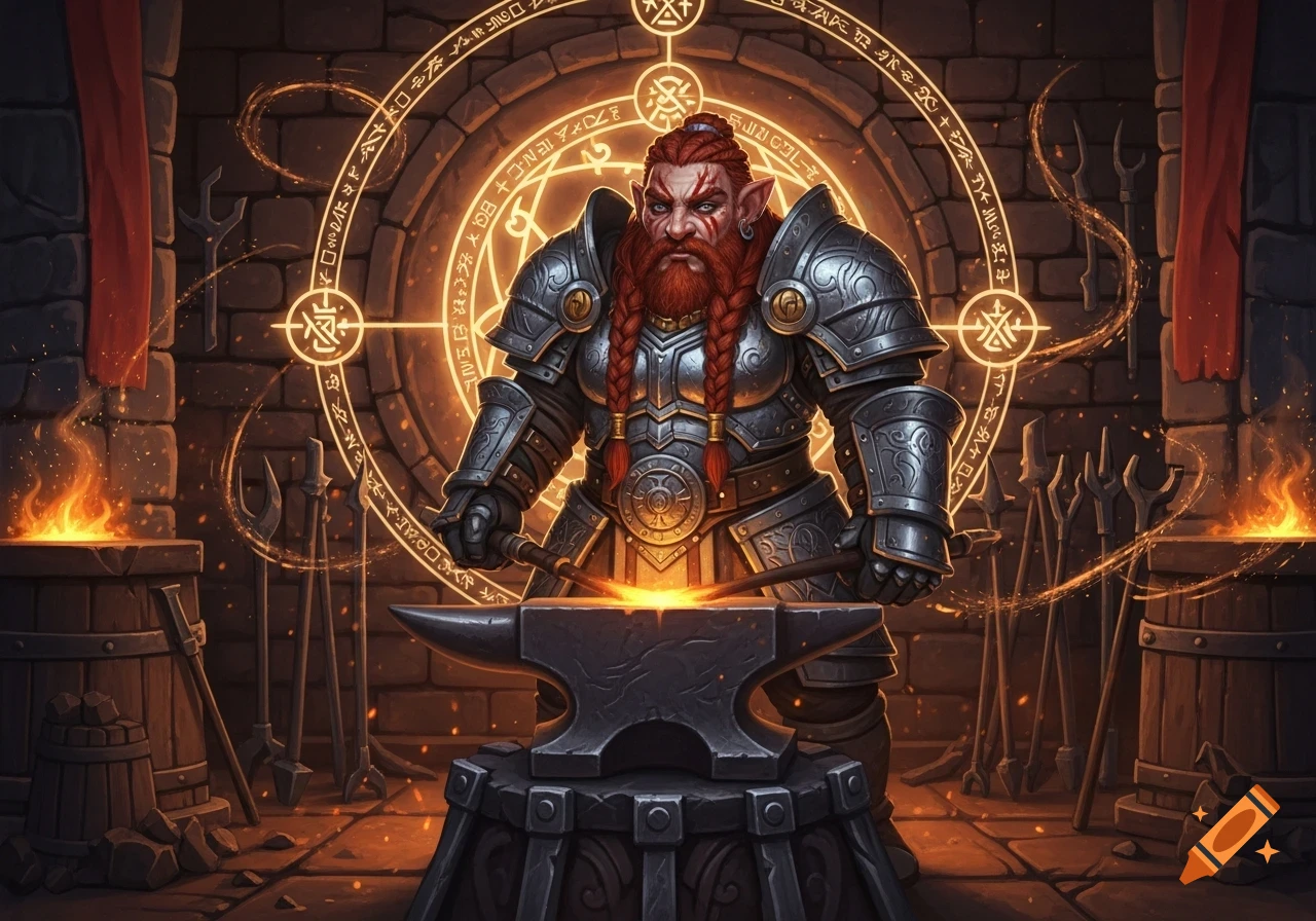A powerful dwarf in ornate armor stands before a glowing anvil, surrounded by magical runes in a dark forge.