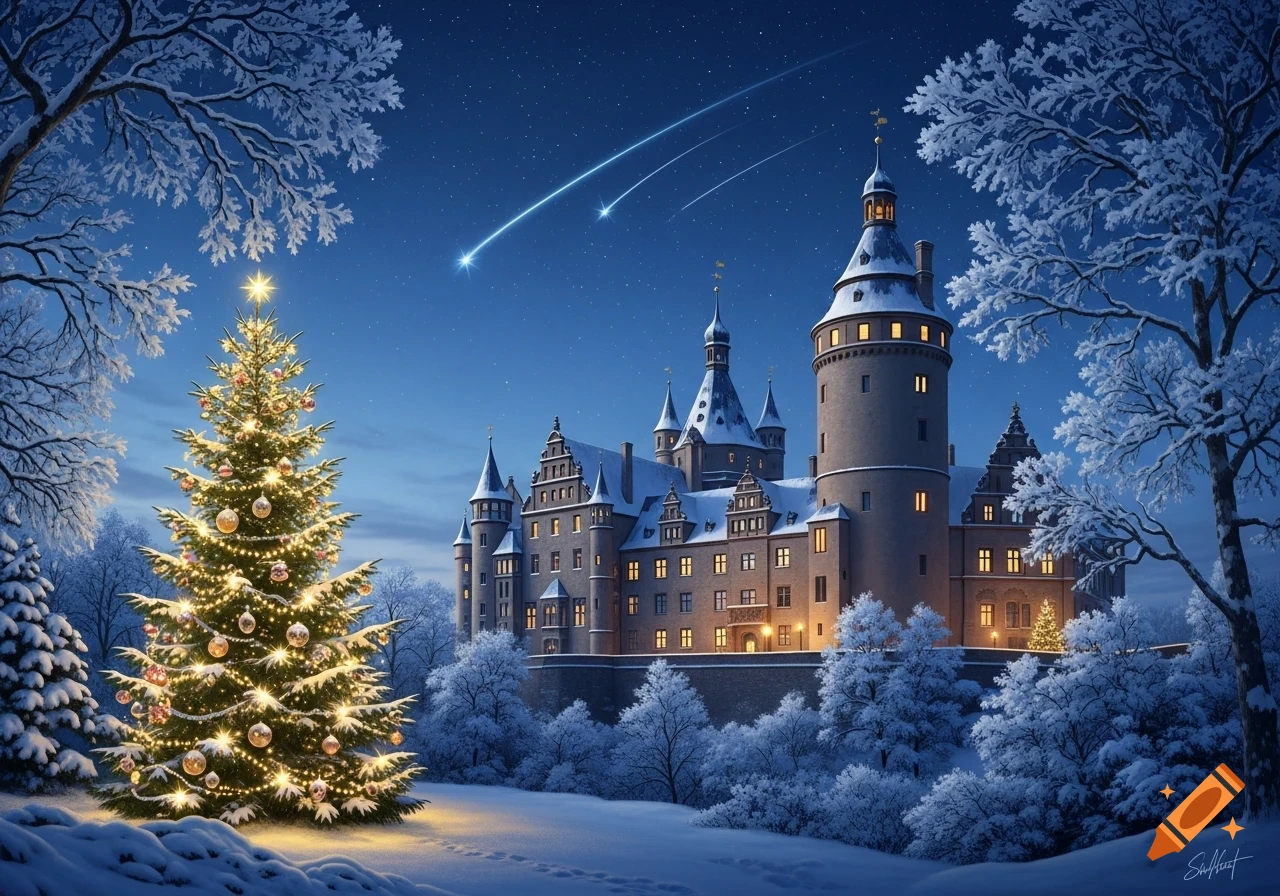 A majestic snow-covered castle at night with a brightly lit Christmas tree and shooting stars in the dark blue sky.