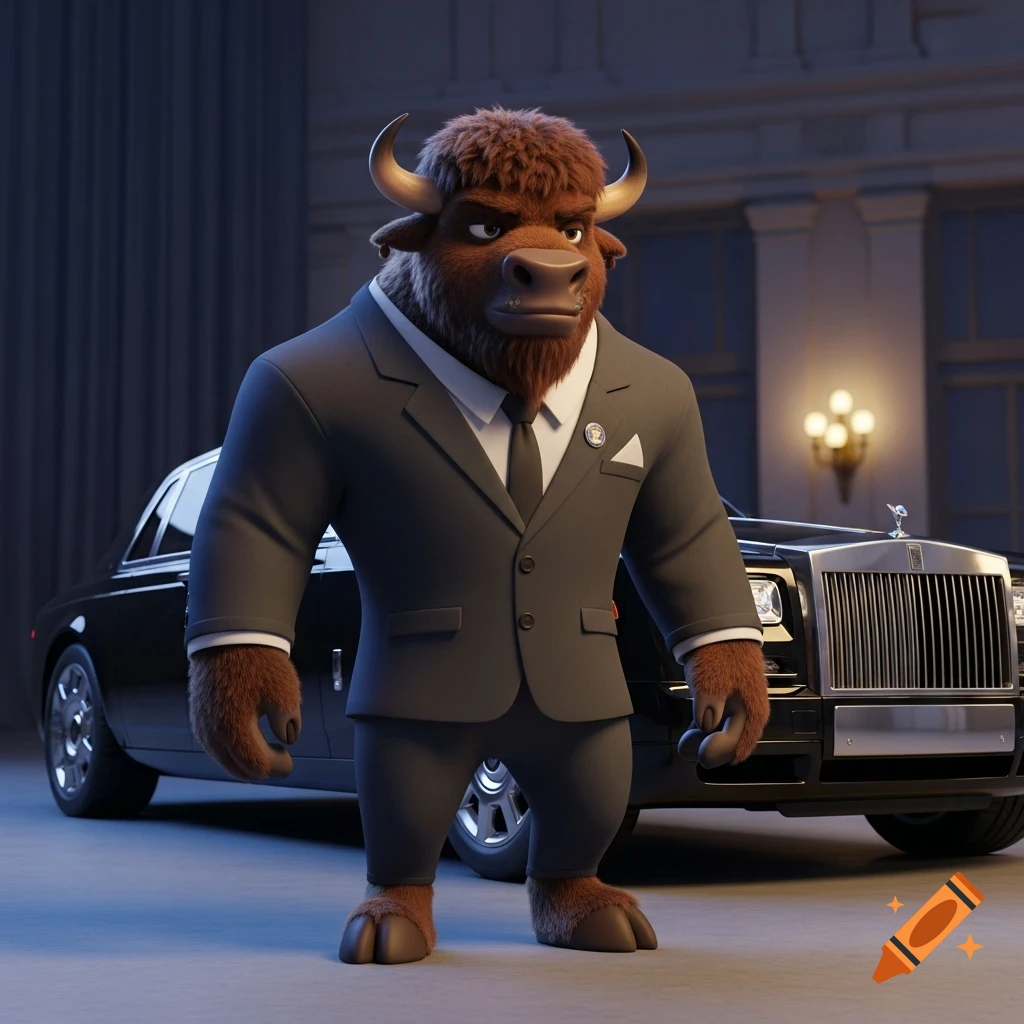 A confident 3D animated bison character in a dark suit stands in front of a black luxury car, with an opulent building in the background.