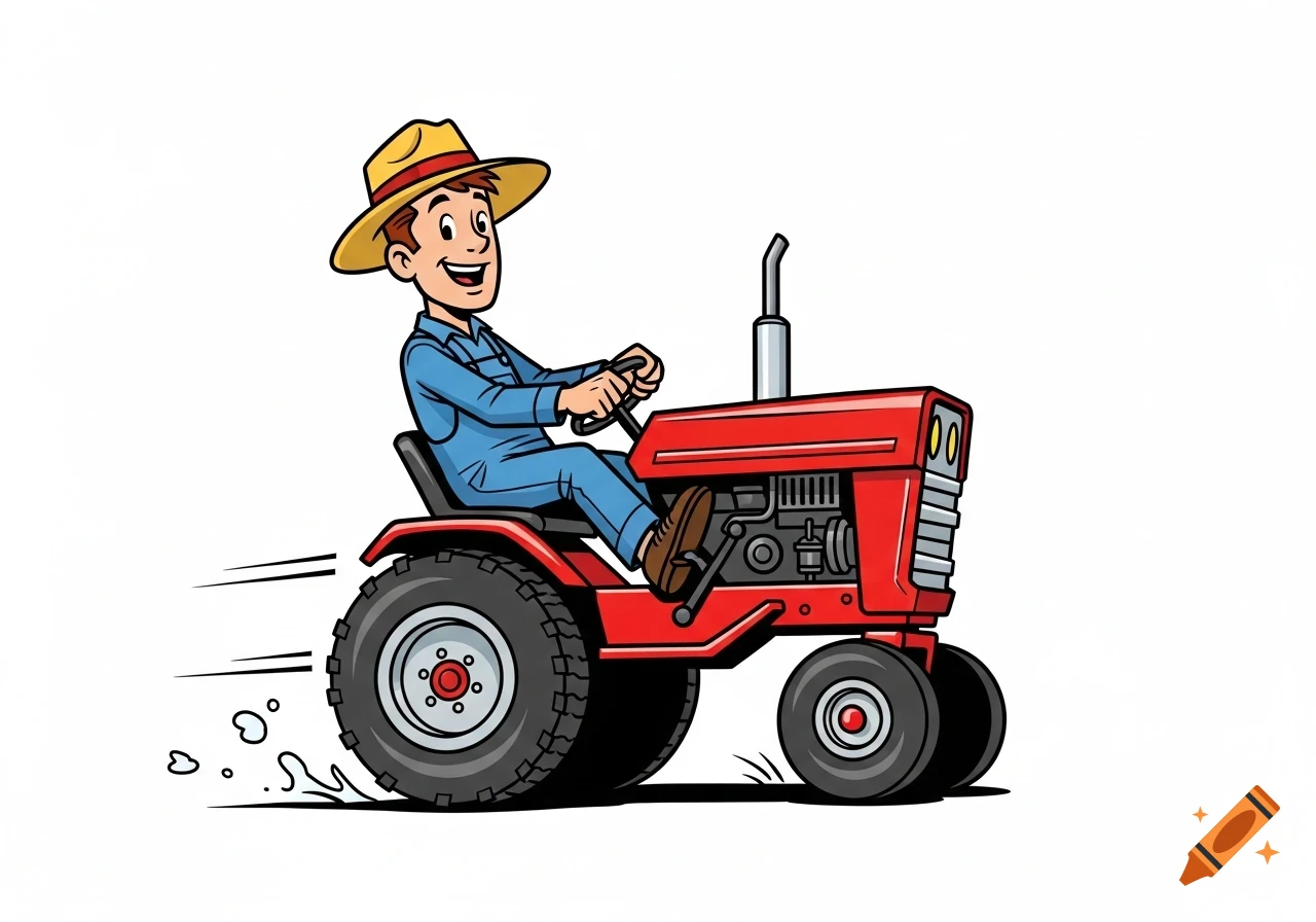 Cartoon farmer in a straw hat and blue overalls driving a red tractor.