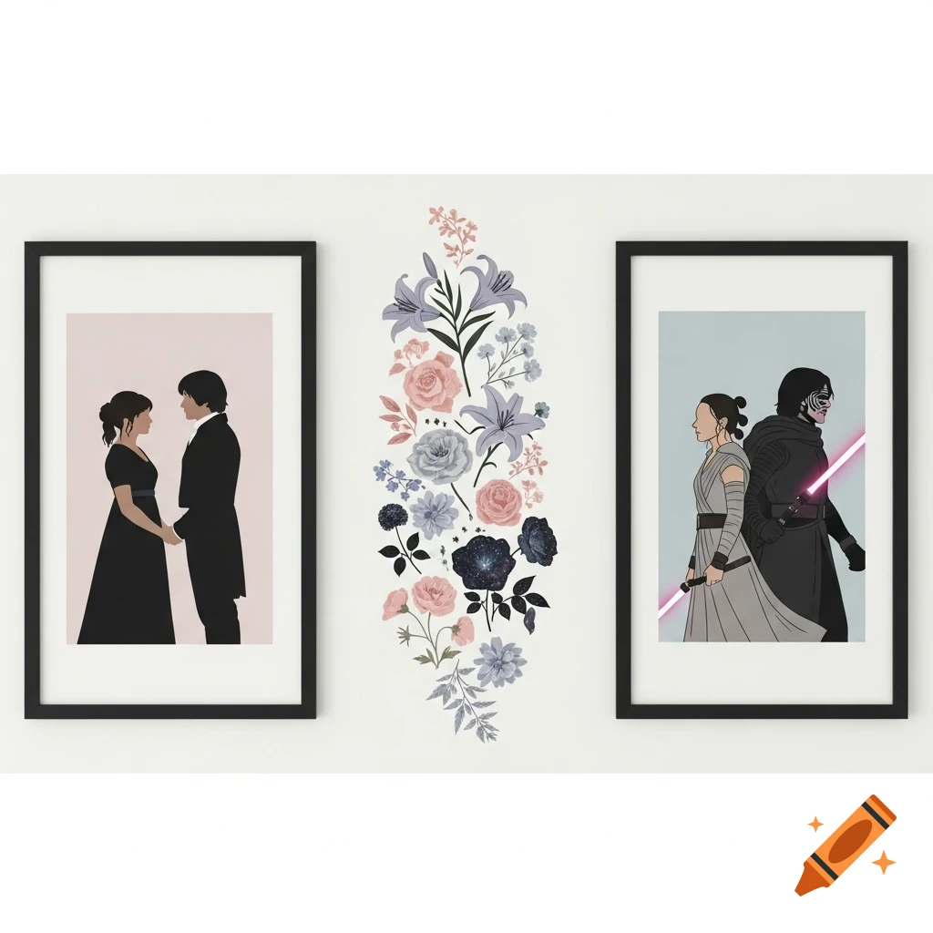 Two framed minimalist illustrations of couples, one from Pride and Prejudice and one from Star Wars, separated by a floral pattern on a wall.
