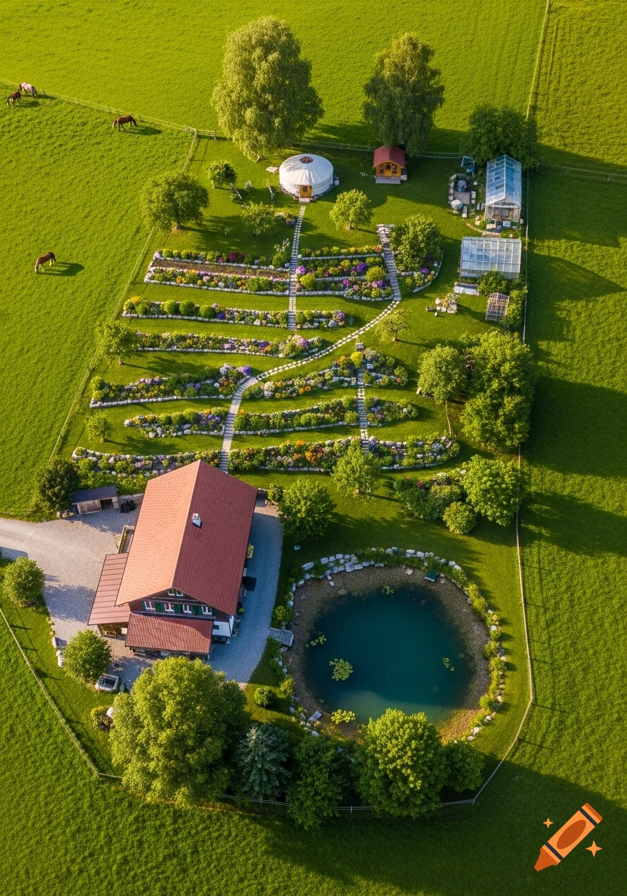 Photorealistic aerial view of a rural property with a red-roofed farmhouse, oval pond, terraced gardens, greenhouses, and a yurt, surrounded by green meadows with grazing horses.