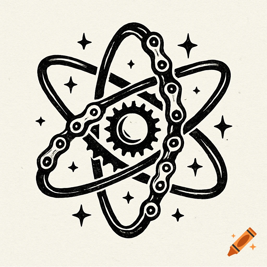 Black and white linocut logo of an atom intertwined with a bicycle chain and sprockets, surrounded by stars.