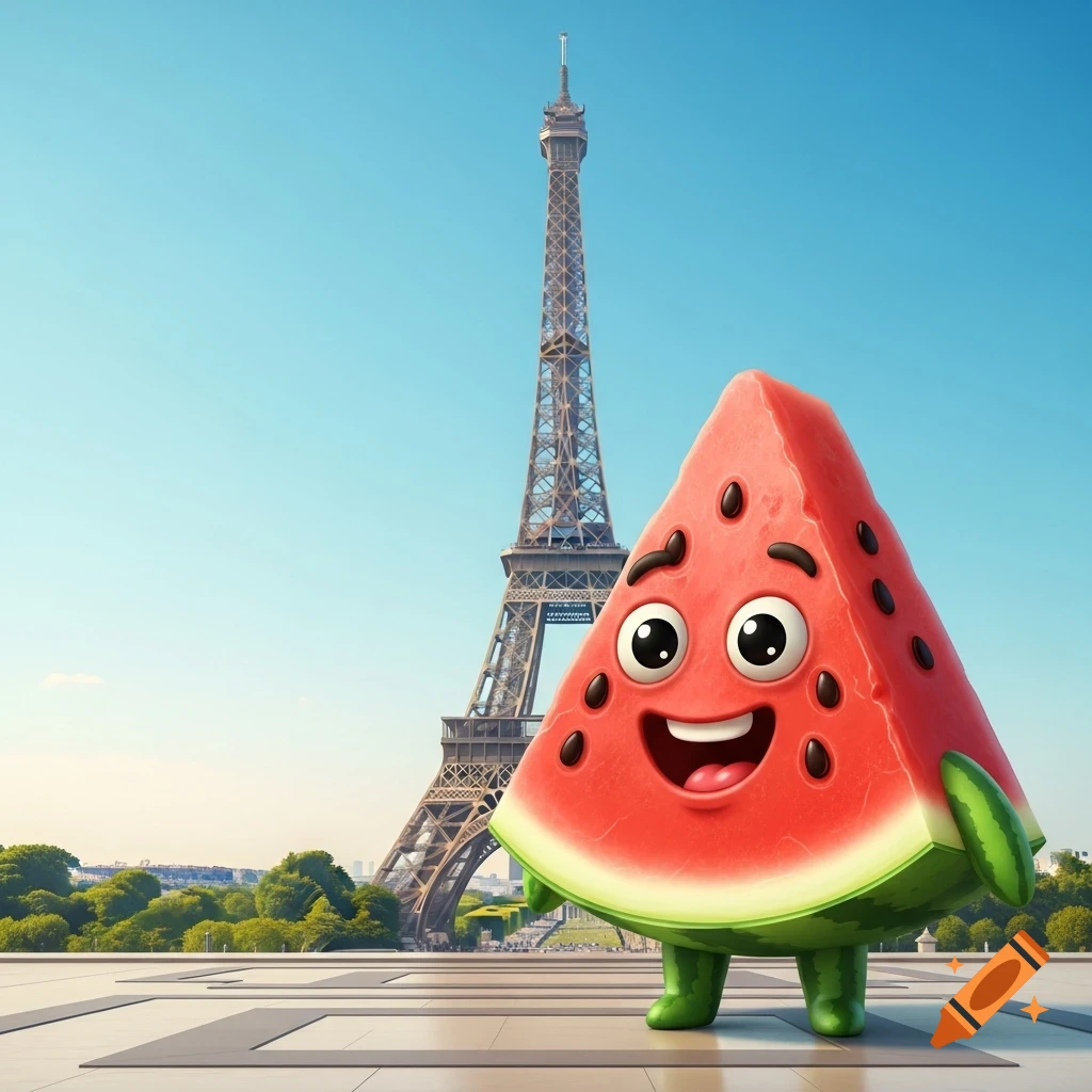 A smiling, whimsical watermelon cartoon character stands next to the Eiffel Tower under a sunny blue sky.