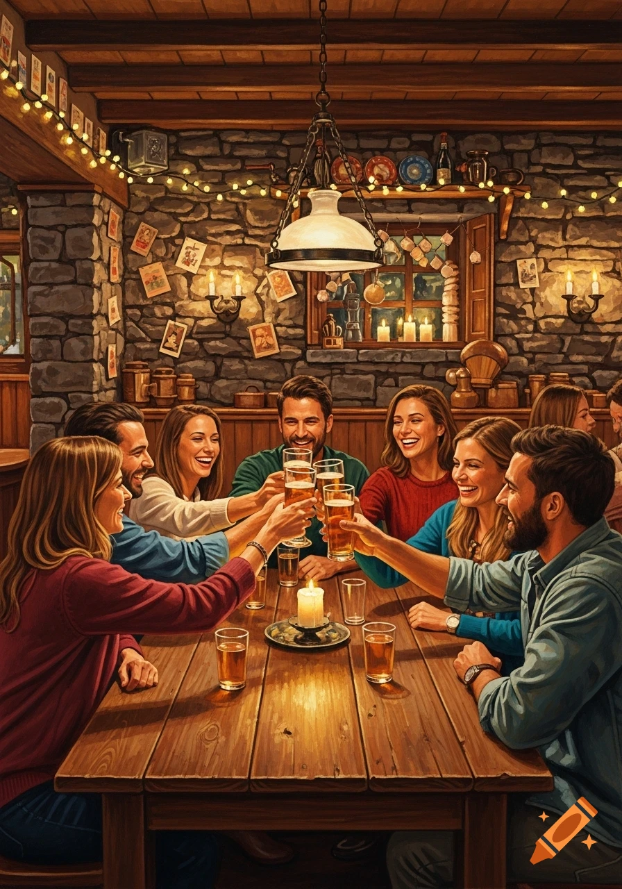 A group of smiling friends in a rustic pub toast with beer around a candlelit wooden table.