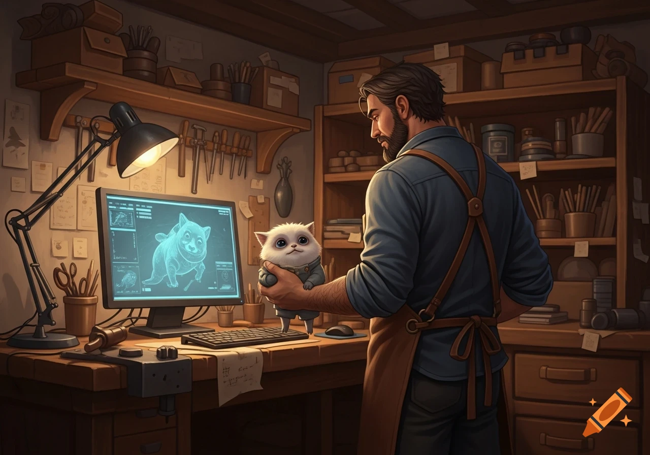 A craftsman in a workshop holds a cute, fluffy monster while looking at a computer screen displaying a blueprint of a similar creature.